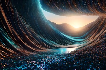 A 3D-rendered abstract landscape with cascading waves of iridescent particles creating an ethereal and captivating background.