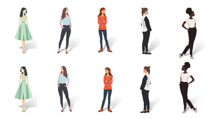 Set of minimal flat drawing illustrations of different woman in casual clothes, transparent background with shadow, facing both ways. Generative AI