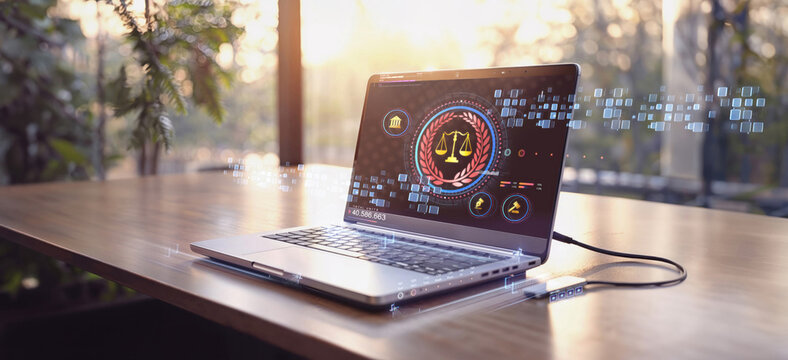 laptop computer with legal law scale information and regulations for company and corporate trade license registration and court governance compliance for online and modern business as wide banner