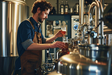 Brewmaster pouring and examining craft beer in a glass at a microbrewery with stainless steel brewing equipment in the background
