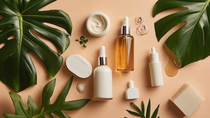 An assortment of skincare products arranged amidst tropical green leaves on a peach-colored background.