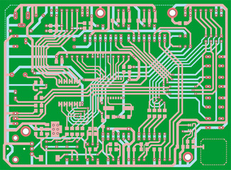Tracing conductors of printed circuit board
of electronic device. Vector engineering technical 
drawing of pcb. Electric background. Concept of pcb design.