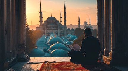 Muslim man sitting and holding Quran with view of mosque, eid ul adha mubarak day background illustration, Generative AI - obrazy, fototapety, plakaty