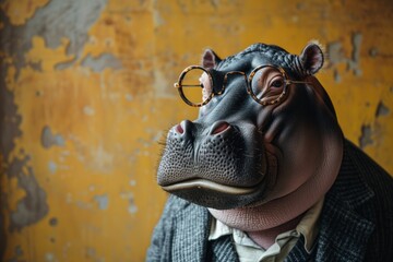 Fototapeta na wymiar Intelligent hippo in in a tweed suit standing against a shabby wall.