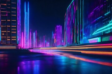 Electric waves of color pulsating in a futuristic cityscape at night - obrazy, fototapety, plakaty