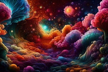 Fototapeta na wymiar Luminous waves of color unfolding in a surreal cosmic garden