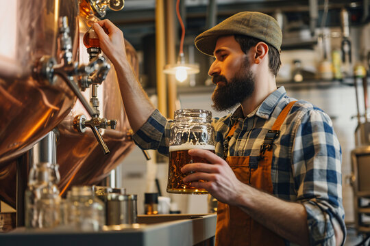 Bearded brewer in a cap pouring craft beer from a copper tank into a glass mug in a brewery
- Powered by Adobe