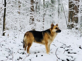 German shepherd dog in a forest covered in snow