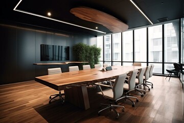 A modern office with a conference room design, featuring a wooden table and flooring. Generative AI