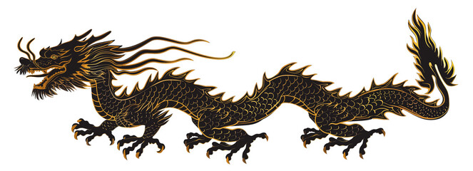 Majestic Black Chinese Dragon is a traditional Eastern dragon in illustration outlines, symbolizing power and wisdom,  isolated on transparent background.