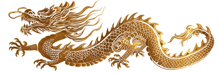Intricate Golden Dragon in Traditional Chinese Style isolated on transparent background.