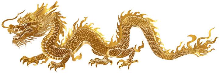 A striking golden Chinese dragon, with ornate details, embodies imperial power and strength, isolated on transparent background. - obrazy, fototapety, plakaty