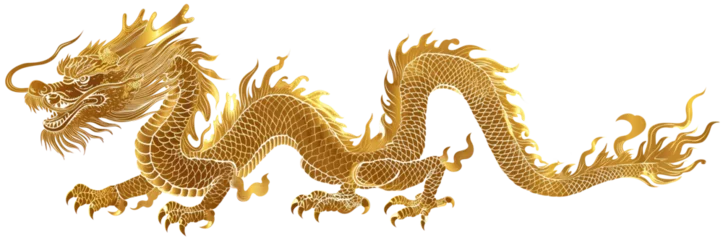 Fotobehang A striking golden Chinese dragon, with ornate details, embodies imperial power and strength, isolated on transparent background. © Tida