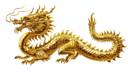 Naklejka premium Ornate Golden Chinese Dragon isolated on transparent background.