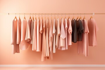 rack with hangers with pastel peach female clothes on orange background. Neat organized wardrobe. Spring cleaning.