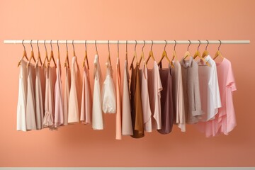 rack with hangers with pastel peach female clothes on orange background. Neat organized wardrobe. Spring cleaning.