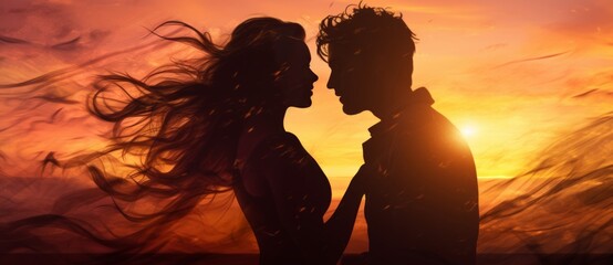 Romantic silhouette of young couple in love kissing on the background of the sunset.