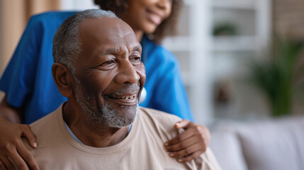 Elderly man smiling contentedly while a female nurse stands behind him, resting her hands on his shoulder in a comforting manner.