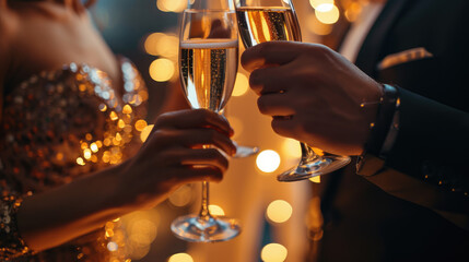 Close-up of two people in formal attire toasting with champagne glasses.