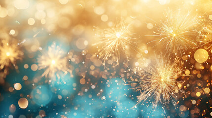 Vintage gold and blue Fireworks and bokeh in New Year eve and copy space. Abstract background holiday.
