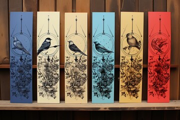 Decorative wall art with birds and plants, color gradation from blue to red