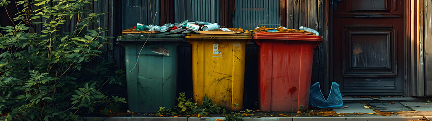 Group of Trash Cans Outside Building, Organized Waste Disposal Solution - obrazy, fototapety, plakaty