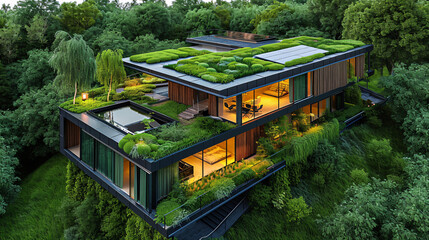 Contemporary green roof architecture with solar panels, integrated into natural landscape, eco-innovation concept

