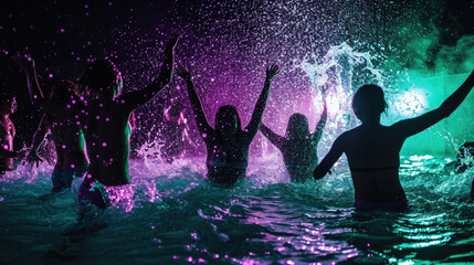 Vibrant and energetic scene of people joyously raising their arms in the air, immersed in water