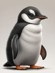 Naklejka premium Side profile of a very, very cute and fluffy little penguin smiling with its beak open in the style of a children’s book illustration