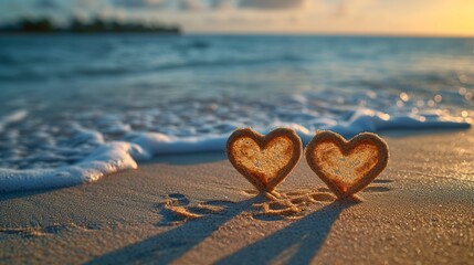 Fototapeta premium Two Heart Shaped Cookies Resting on Sandy Beach Shore Near the Water