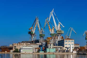 Cranes in the port of Pula in Croatia, construction and repair of ships in the port