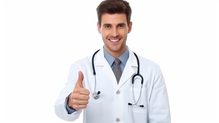 Fototapeta premium Against a neutral gray backdrop, a young doctor exudes confidence and positivity, wearing a white coat and flashing a bright smile with a raised thumb.