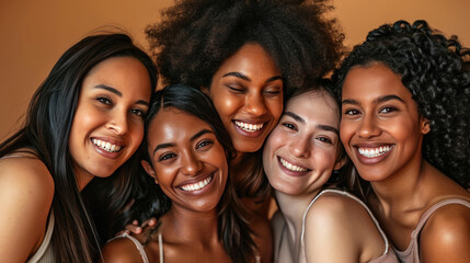 Fototapeta premium Smiling women are huddled closely together, portraying a warm, friendly, and diverse group.