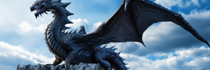 Black dragon on blue sky background - obrazy, fototapety, plakaty