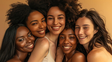 Fototapeta premium Smiling women are huddled closely together, portraying a warm, friendly, and diverse group.
