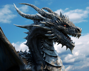 Black dragon on blue sky background