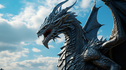 Black dragon on blue sky background