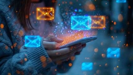 An email marketing image using a woman's hand and a smartphone with a smartphone icon Email marketing ideas using notifications, generative ai.