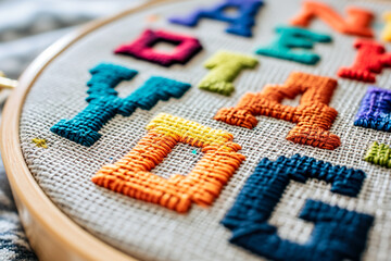 cross-stitch with letters and numbers - obrazy, fototapety, plakaty