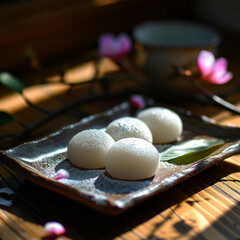 Mochi japanese dessert, high intricate details. Calmness, harmony, aesthetics.
