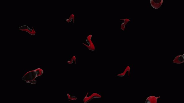 Heels shoes background. Falling red heels over alpha channel. Rain of heels across the screen.