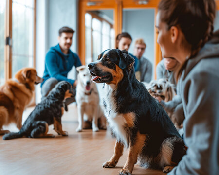 Indoor dog training session with attentive dogs and their owners in the background. Pet obedience class with copy space. Design for banner, poster.
