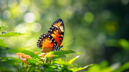 Colorful butterfly perched on a flower in a sunlit garden. Nature and wildlife concept with copy space. Design for banner, poster, nature themed wallpaper.
