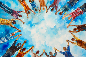 fantastic watercolor illustration of a group of people holding hands in a circle, with a beautiful blue sky in the background - Powered by Adobe