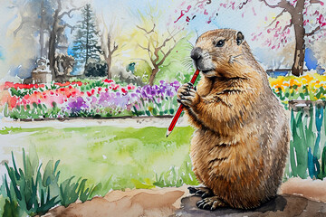 lovely watercolor painting of a groundhog holding a pencil - obrazy, fototapety, plakaty