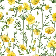 Watercolor buttercup flower with leaves seamless pattern.