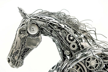 sculpture of a horse made of metal wires and gears
