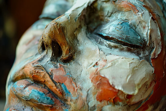 sculpture of a face made of clay and paint