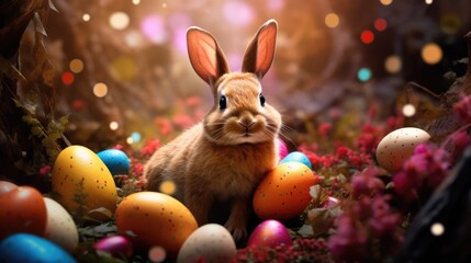 Fototapeta na wymiar Easter bunny and colorful painted eggs in magic forest. Spring holiday season. AI Generated