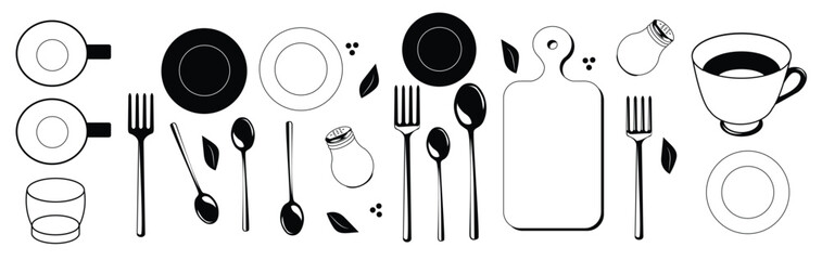 Fototapeta na wymiar Kitchen utensils set, forks, plates, spoons, cups, salt shaker, pepper, bay leaf